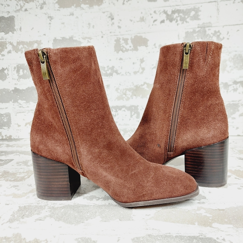 New Nordstrom Novanna Brown Suede Square Toe Block Heel Booties X207 - Picture 7 of 11